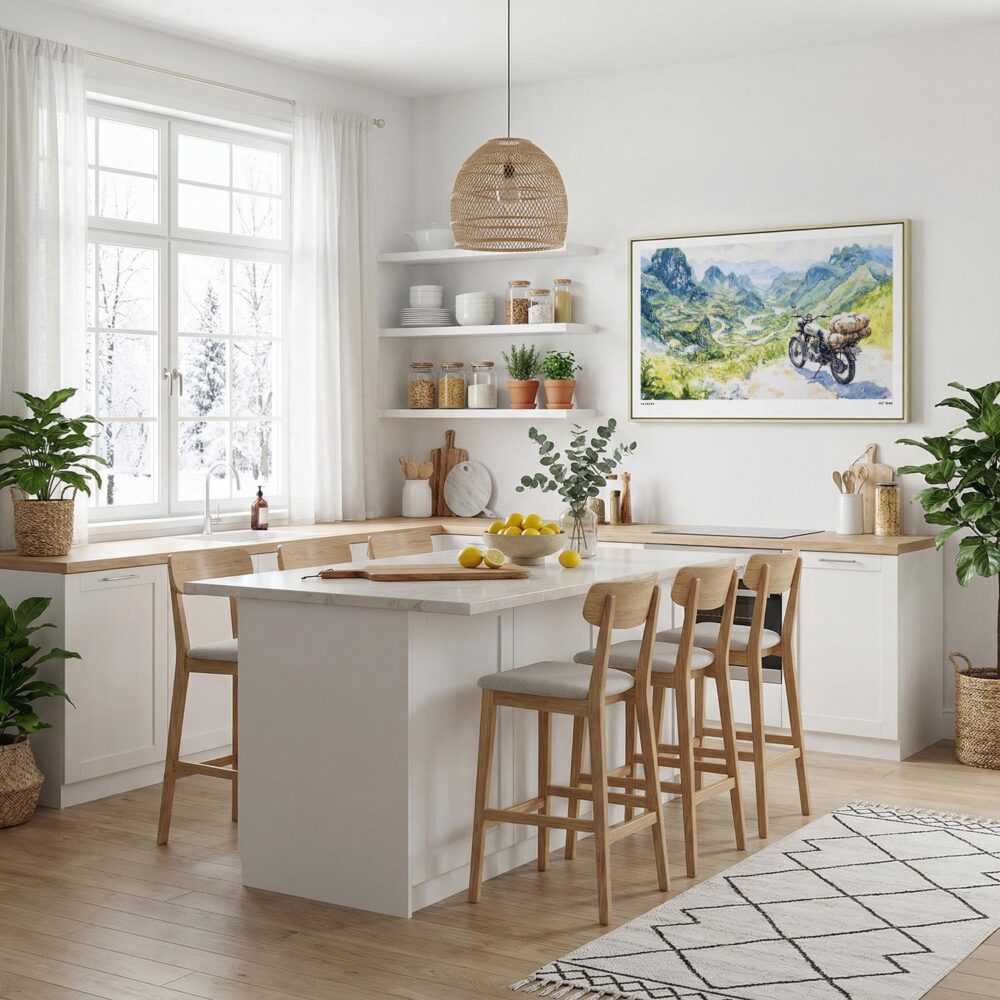 02 - Framed Ha Giang Loop Watercolor - Horizontal Canvas Print in Modern Kitchen.jpg 02 - Framed Ha Giang Loop Watercolor - Horizontal Canvas Print in Modern Kitchen.jpg