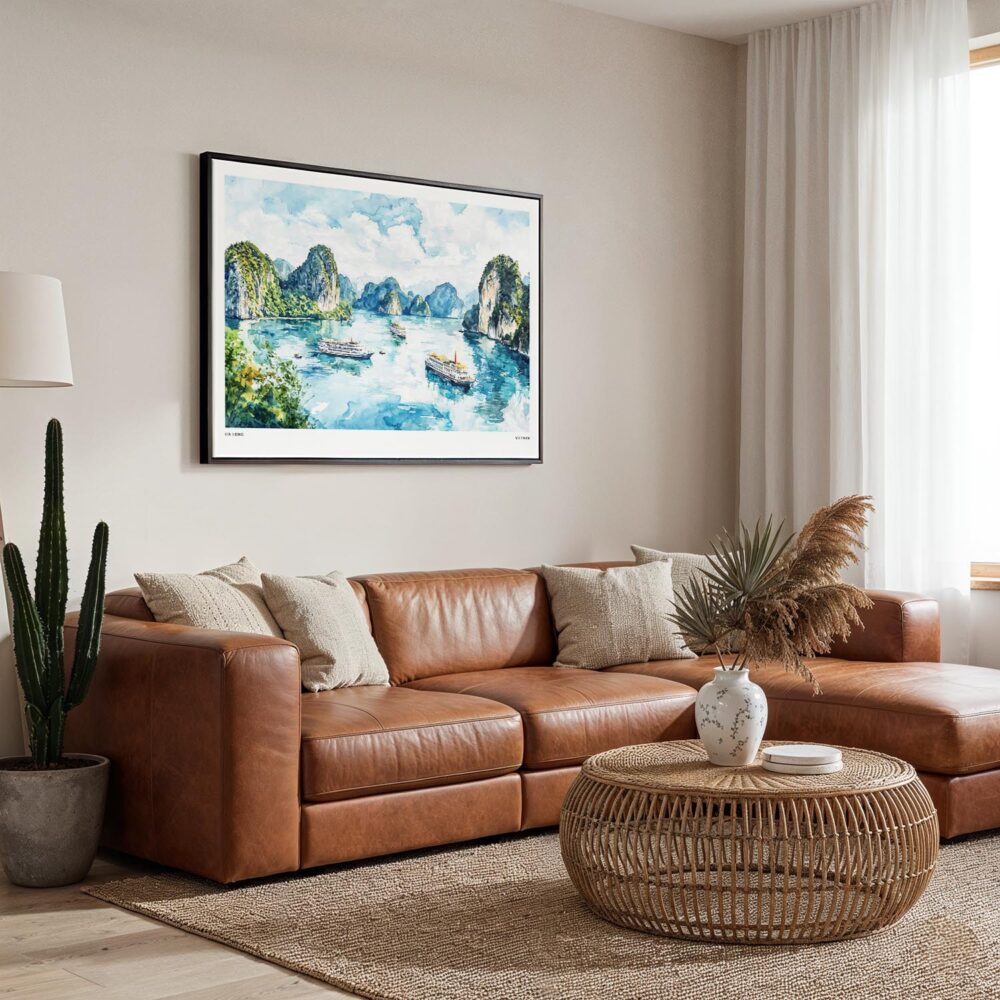 02 - Framed Ha Long Vietnam Watercolor - Horizontal Canvas Print - Boho Living Room.jpg 02 - Framed Ha Long Vietnam Watercolor - Horizontal Canvas Print - Boho Living Room.jpg