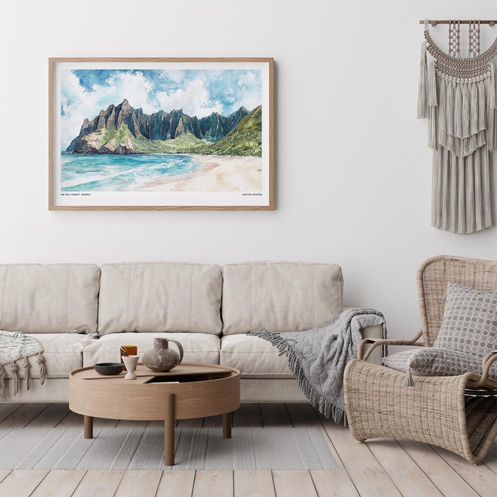 02 - Framed Haiwaii Na Pali Coast Watercolor - Horizontal Art Print - Boho Living Room.jpg 02 - Framed Haiwaii Na Pali Coast Watercolor - Horizontal Art Print - Boho Living Room.jpg
