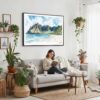 02 - Framed Haiwaii Na Pali Coast Watercolor - Horizontal Canvas Print - Boho Living Room with Woman reading.jpg
