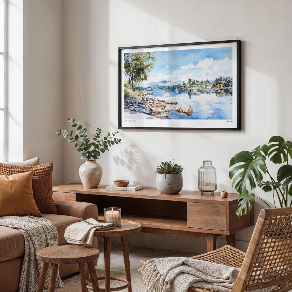 02 - Framed Lake Windermere Watercolor - Horizontal Art Print in Boho Living Room.jpg 02 - Framed Lake Windermere Watercolor - Horizontal Art Print in Boho Living Room.jpg