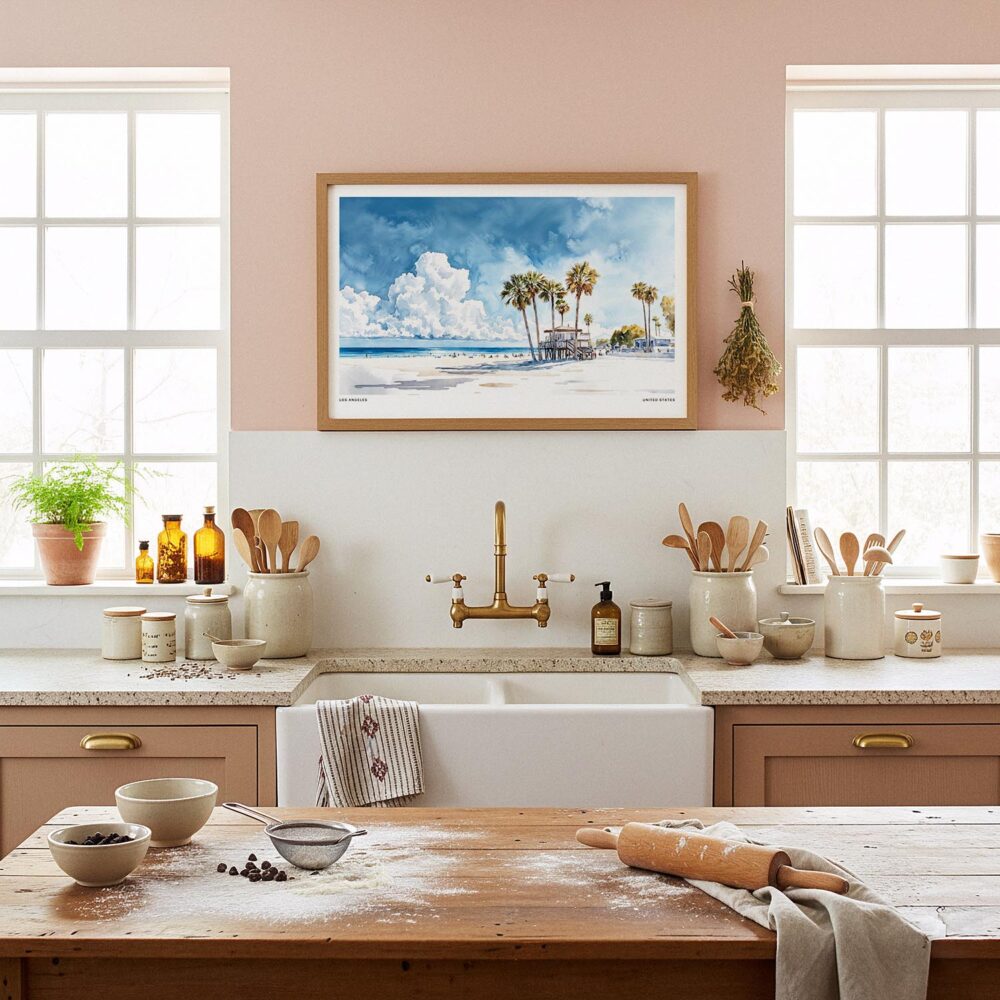 02 - Framed Los Angeles Beach Watercolor - Horizontal Art Print in Farmhouse style Kitchen.jpg 02 - Framed Los Angeles Beach Watercolor - Horizontal Art Print in Farmhouse style Kitchen.jpg