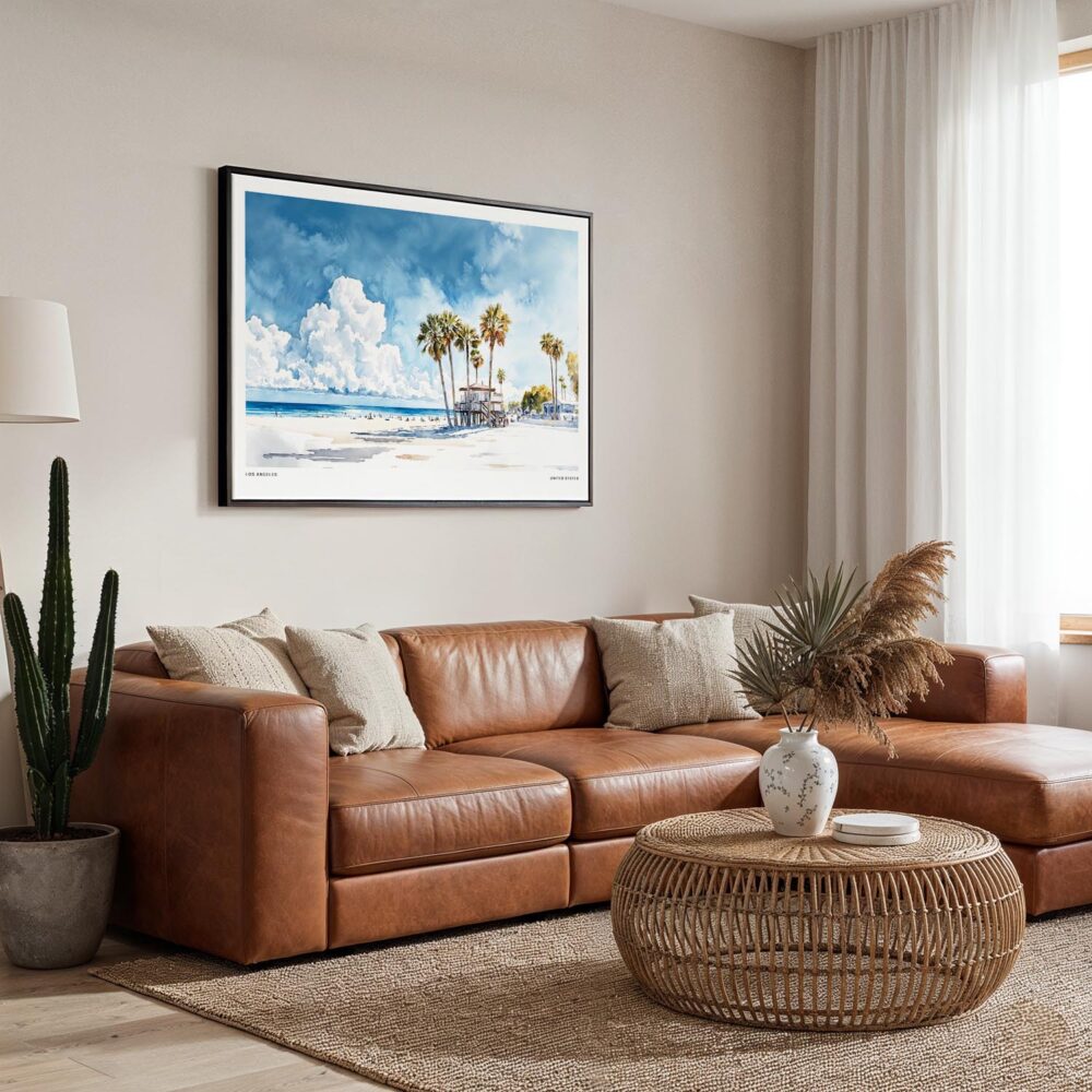 02 - Framed Los Angeles Beach Watercolor - Horizontal Canvas Print - Boho Living Room.jpg 02 - Framed Los Angeles Beach Watercolor - Horizontal Canvas Print - Boho Living Room.jpg