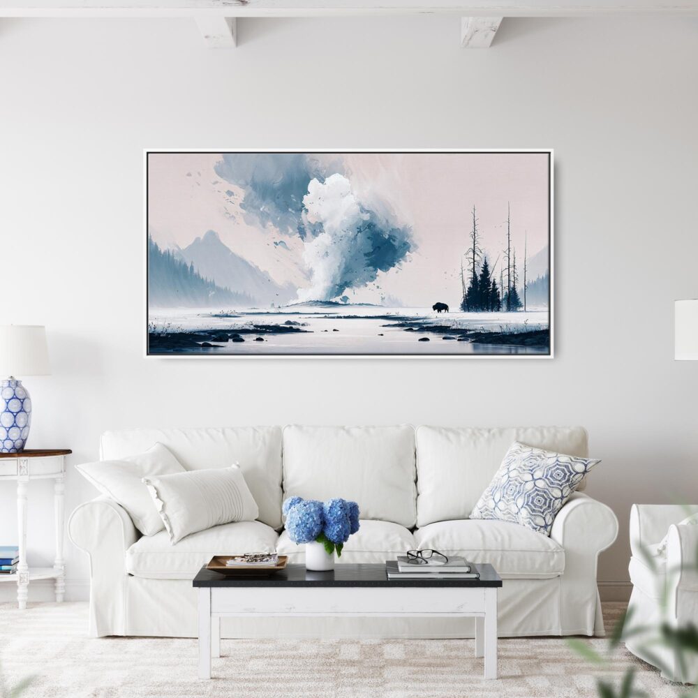 02 - Framed Minimal Yellowstone Watercolor - Panorama Canvas Print - Coastal Living Room.jpg 02 - Framed Minimal Yellowstone Watercolor - Panorama Canvas Print - Coastal Living Room.jpg