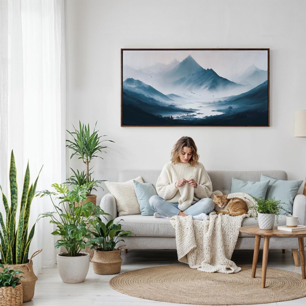 02 - Framed Misty Mountains Watercolor - Panorama Canvas Print - Woman Knitting on Sofa.jpg 02 - Framed Misty Mountains Watercolor - Panorama Canvas Print - Woman Knitting on Sofa.jpg