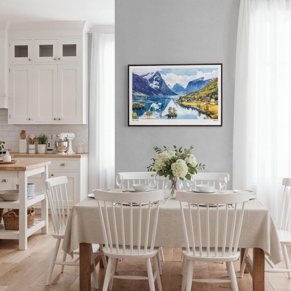 02 - Framed Norway Fjords Watercolor - Horizontal Canvas Print - Coastal Kitchen.jpg 02 - Framed Norway Fjords Watercolor - Horizontal Canvas Print - Coastal Kitchen.jpg