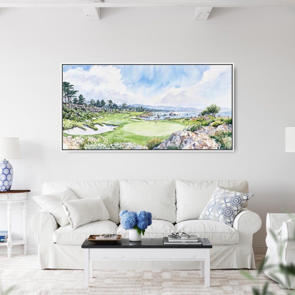 02 - Framed Pebble Beach Watercolor - Panorama Canvas Print - Coastal Living Room.jpg 02 - Framed Pebble Beach Watercolor - Panorama Canvas Print - Coastal Living Room.jpg