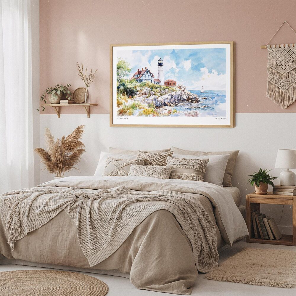 02 - Framed Portland Maine Lighthouse Watercolor - Horizontal Art Print in Boho Bedroom.jpg 02 - Framed Portland Maine Lighthouse Watercolor - Horizontal Art Print in Boho Bedroom.jpg
