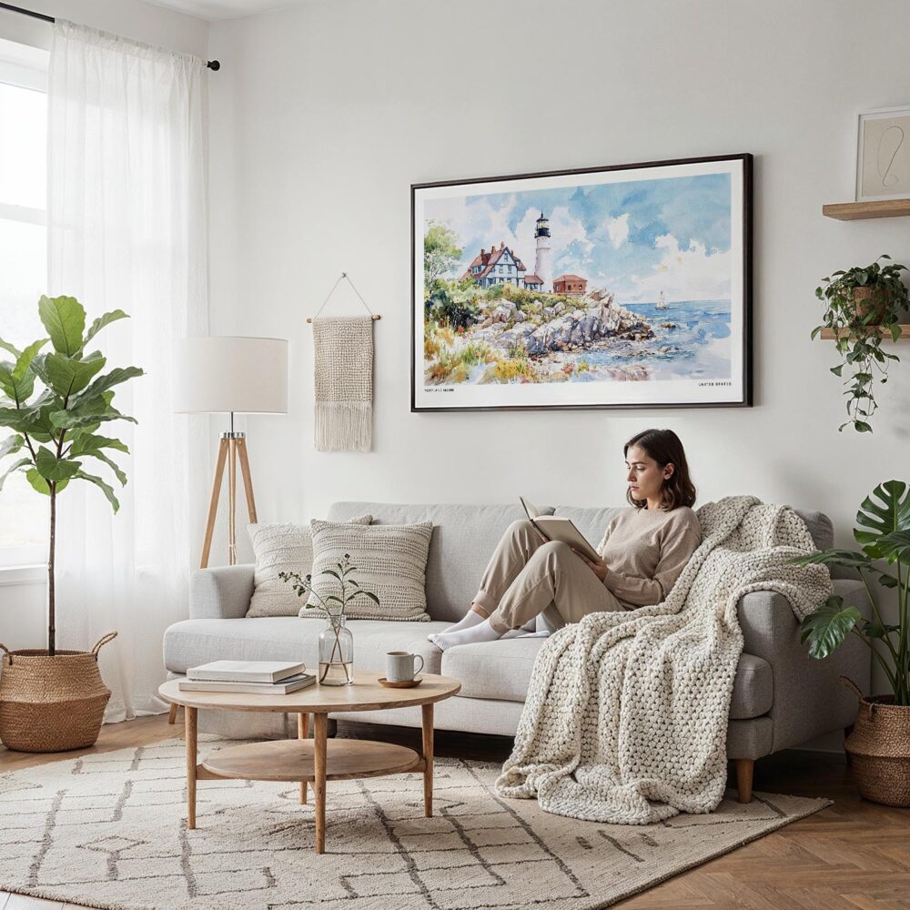 02 - Framed Portland Maine Lighthouse Watercolor - Horizontal Canvas Print - Scandi Living Room.jpg 02 - Framed Portland Maine Lighthouse Watercolor - Horizontal Canvas Print - Scandi Living Room.jpg