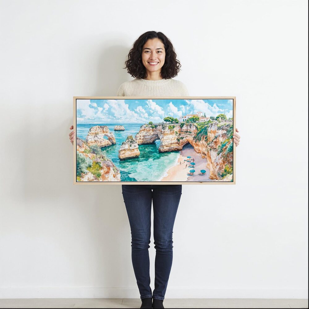 02 - Framed Portugal Algarve Watercolor - Panorama Canvas Print - Woman in front of blank wall.jpg 02 - Framed Portugal Algarve Watercolor - Panorama Canvas Print - Woman in front of blank wall.jpg