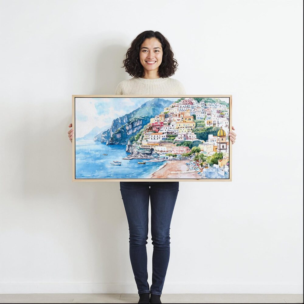 02 - Framed Positana Amalfi Coast Watercolor - Panorama Canvas Print - Woman in front of blank wall.jpg 02 - Framed Positana Amalfi Coast Watercolor - Panorama Canvas Print - Woman in front of blank wall.jpg