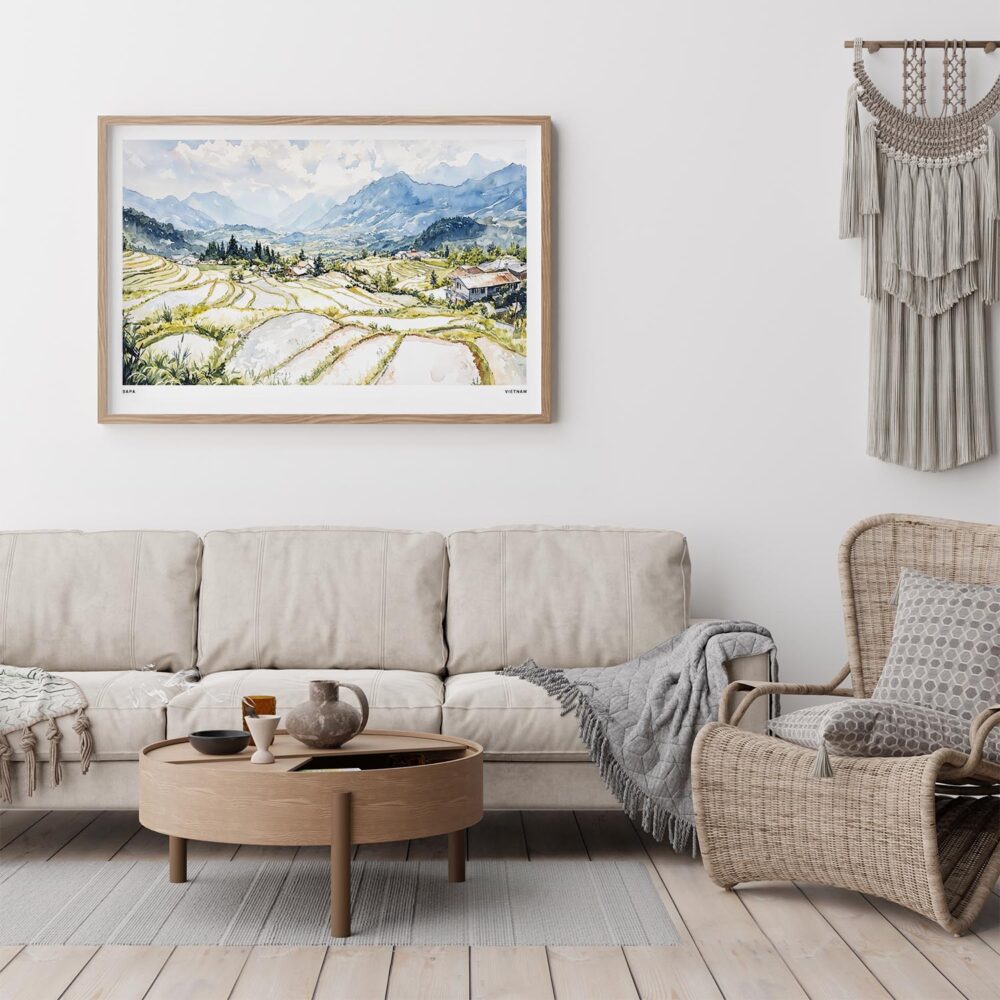 02 - Framed Sapa Valley Vietam Watercolor - Horizontal Art Print - Boho Living Room.jpg 02 - Framed Sapa Valley Vietam Watercolor - Horizontal Art Print - Boho Living Room.jpg