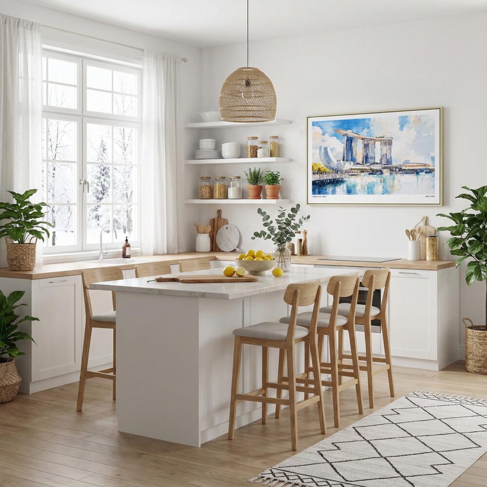 02 - Framed Singapore Marina Bays Sands Watercolor - Horizontal Canvas Print in Modern Kitchen.jpg 02 - Framed Singapore Marina Bays Sands Watercolor - Horizontal Canvas Print in Modern Kitchen.jpg