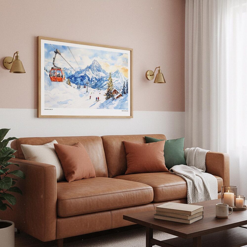 02 - Framed Skiing in Grindelwald Watercolor - Horizontal Art Print hanging in Boho Living Room.jpg 02 - Framed Skiing in Grindelwald Watercolor - Horizontal Art Print hanging in Boho Living Room.jpg