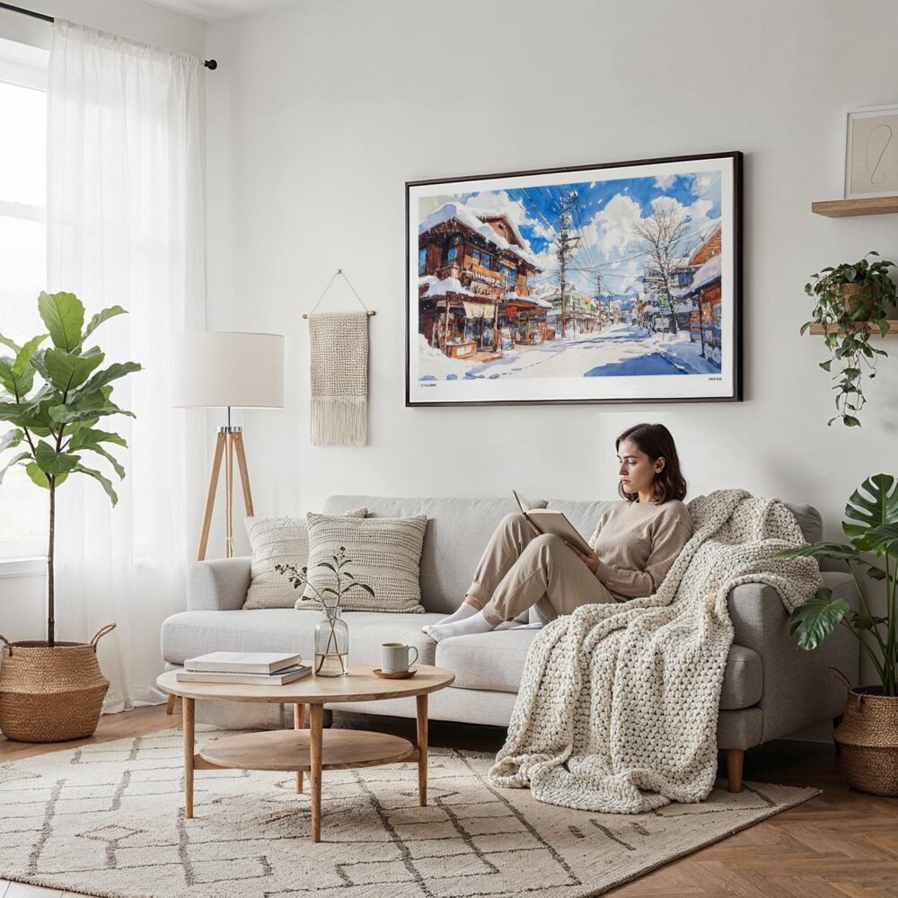 02 - Framed Winter in Hokkaido Watercolor - Horizontal Canvas Print - Scandi Living Room.jpg 02 - Framed Winter in Hokkaido Watercolor - Horizontal Canvas Print - Scandi Living Room.jpg