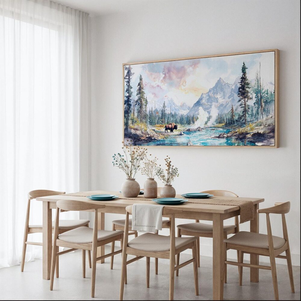 02 - Framed Yellowstone Watercolor - Panorama Canvas Print - Dining Table.jpg 02 - Framed Yellowstone Watercolor - Panorama Canvas Print - Dining Table.jpg