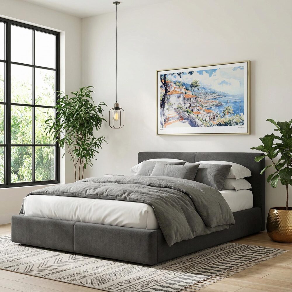 02 - Funchal Portugal Watercolor - Horizontal Canvas Print with Natural Floater Frame Above Bed.jpg 02 - Funchal Portugal Watercolor - Horizontal Canvas Print with Natural Floater Frame Above Bed.jpg