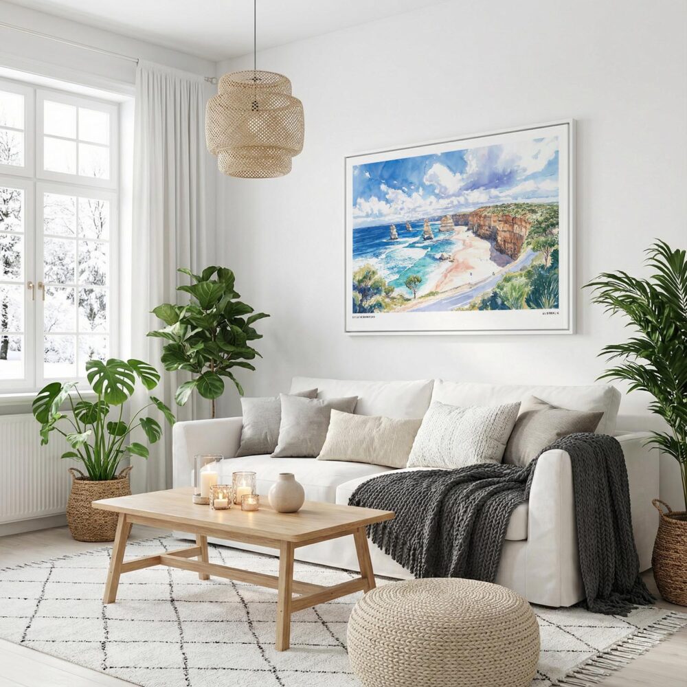 02 - Great Ocean Road Australia Watercolor - Horizontal Canvas Print with White Floater Frame in modern Scandi Living Room.jpg 02 - Great Ocean Road Australia Watercolor - Horizontal Canvas Print with White Floater Frame in modern Scandi Living Room.jpg