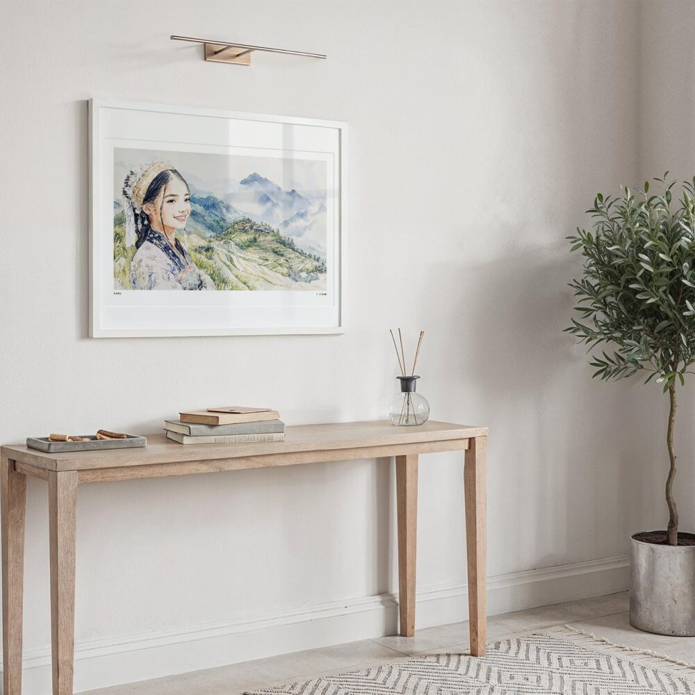 02 - Hmong Woman in Sapa Vietnam Watercolor - Horizontal Art Print in Hallway with White Frame.jpg 02 - Hmong Woman in Sapa Vietnam Watercolor - Horizontal Art Print in Hallway with White Frame.jpg