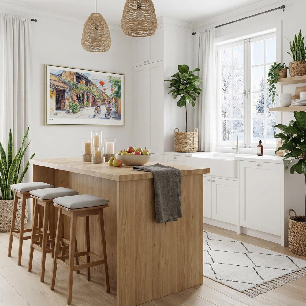 02 - Hoi An Vietnam Watercolor - Horizontal Canvas Print with Natural Floater Frame in Kitchen.jpg 02 - Hoi An Vietnam Watercolor - Horizontal Canvas Print with Natural Floater Frame in Kitchen.jpg