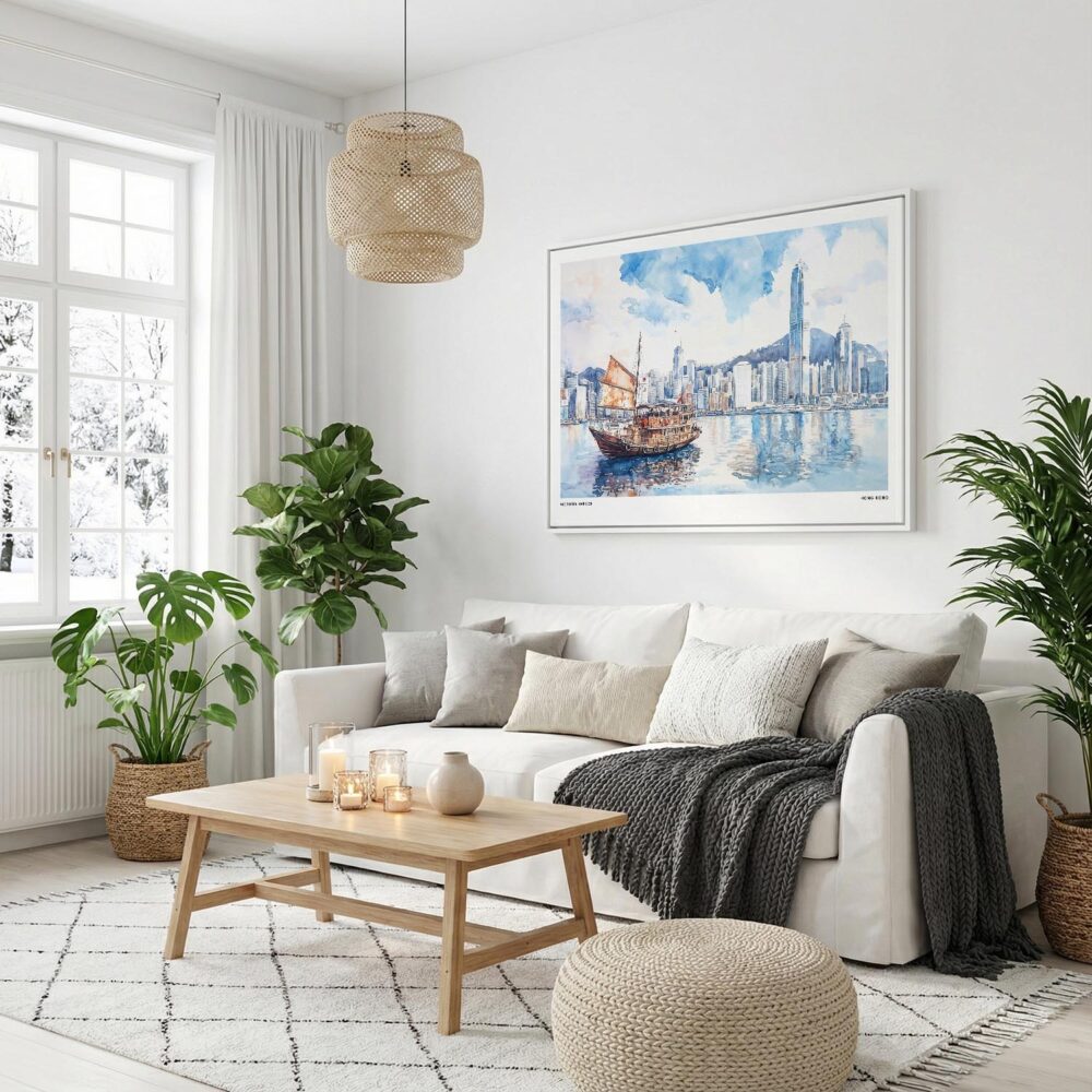 02 - Hong Kong Watercolor - Horizontal Canvas Print with White Floater Frame in modern Scandi Living Room.jpg 02 - Hong Kong Watercolor - Horizontal Canvas Print with White Floater Frame in modern Scandi Living Room.jpg