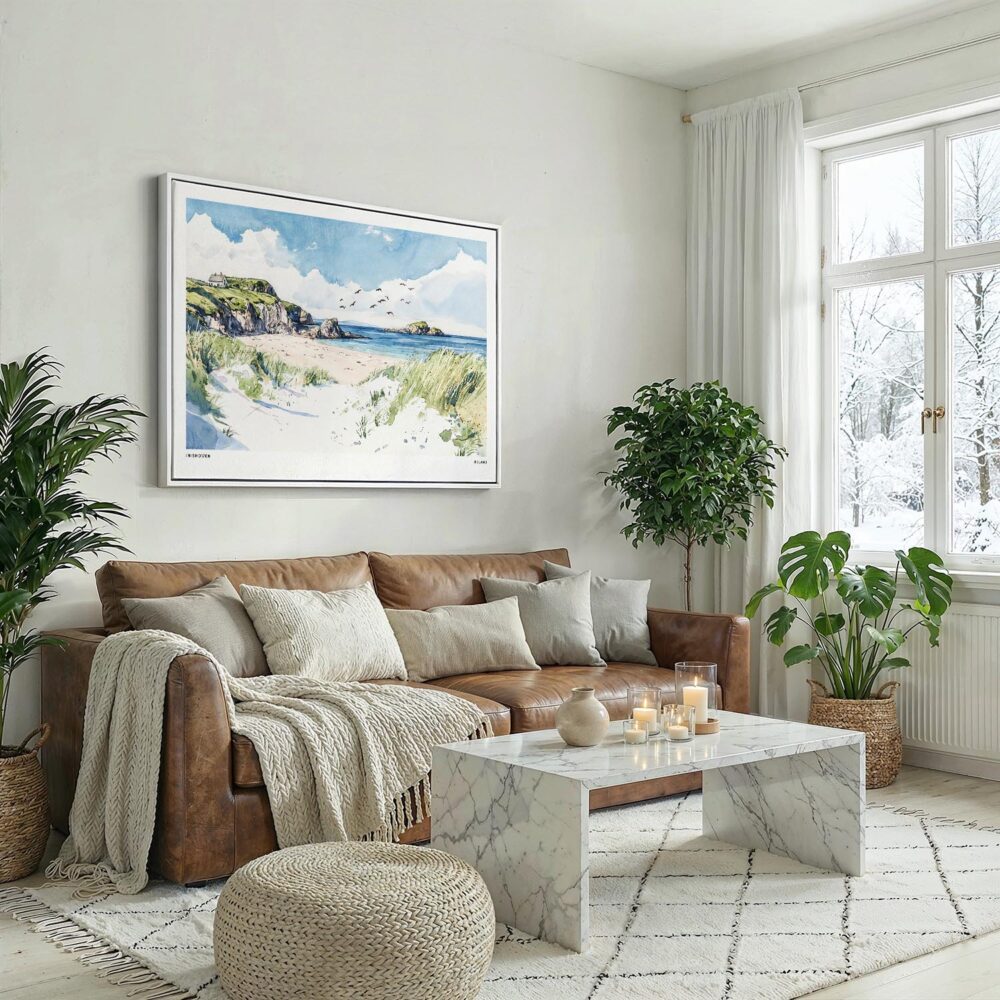 02 - Inishowen Ireland Watercolor - Horizontal Canvas Print with White Floater Frame above Leather Couch.jpg 02 - Inishowen Ireland Watercolor - Horizontal Canvas Print with White Floater Frame above Leather Couch.jpg
