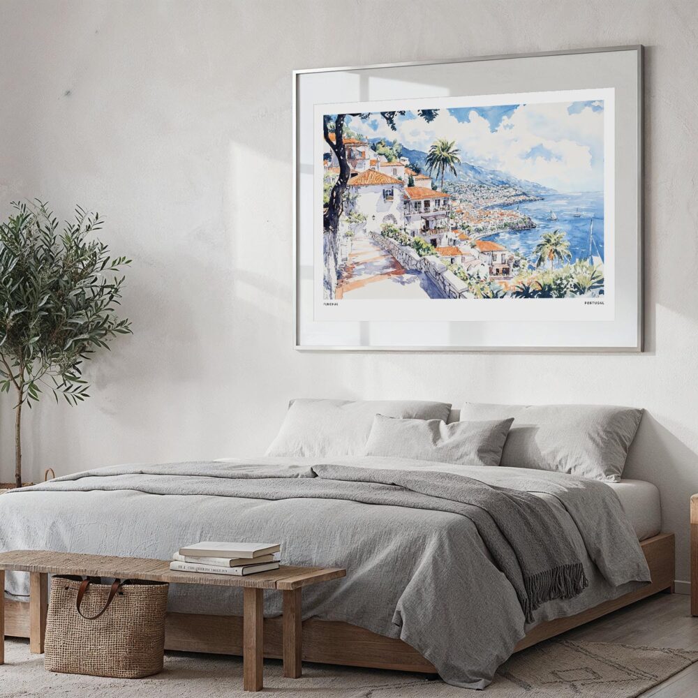 02 - Large Funchal Portugal Watercolor - Horizontal Art Print in Bedroom with Silver Metal Frame.jpg 02 - Large Funchal Portugal Watercolor - Horizontal Art Print in Bedroom with Silver Metal Frame.jpg