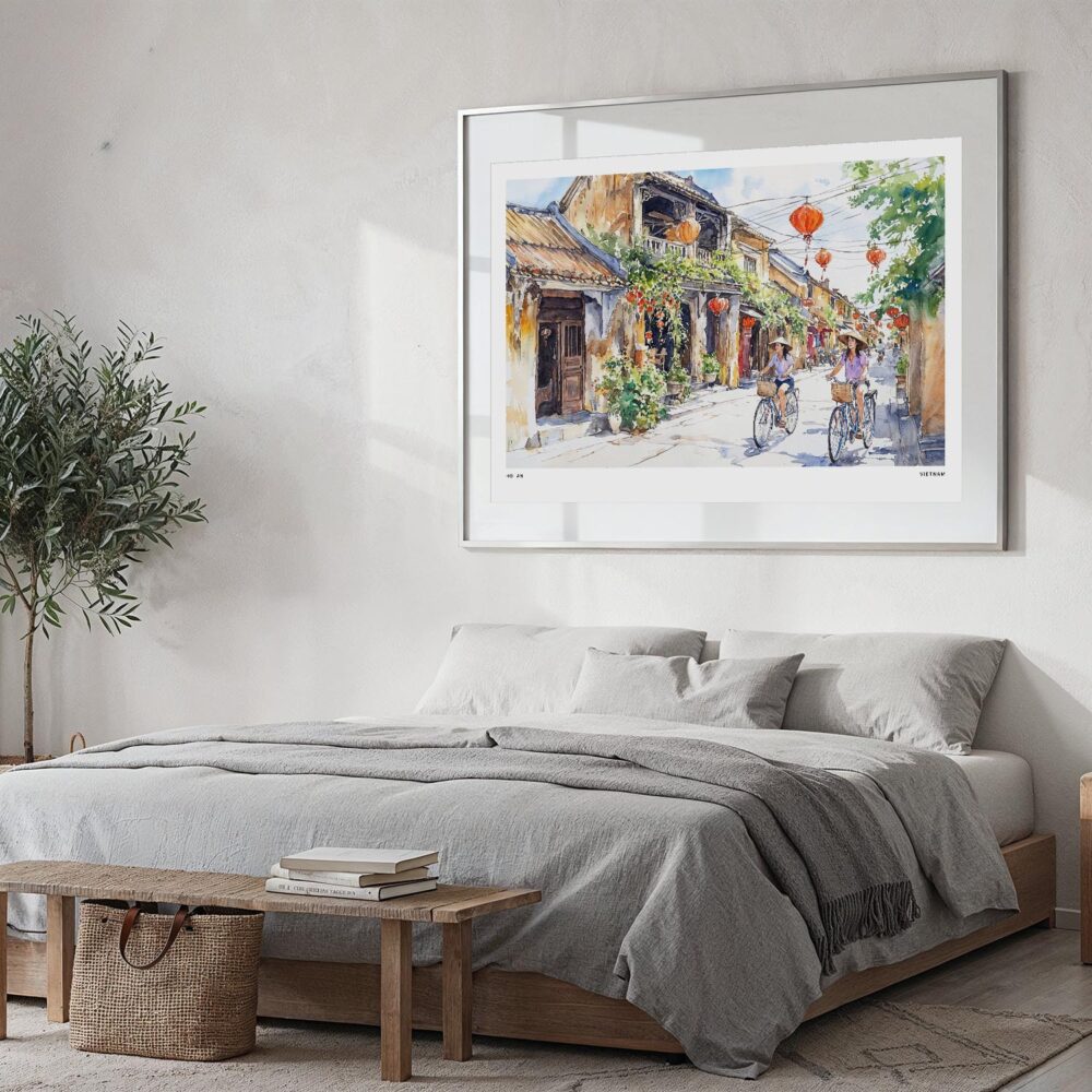 02 - Large Hoi An Vietnam Watercolor - Horizontal Art Print in Bedroom with Silver Metal Frame.jpg 02 - Large Hoi An Vietnam Watercolor - Horizontal Art Print in Bedroom with Silver Metal Frame.jpg