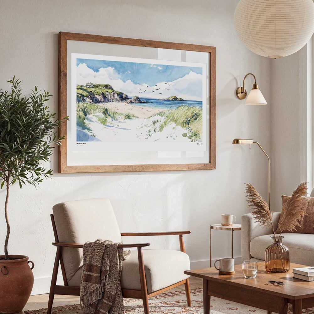 02 - Large Inishowen Ireland Watercolor - Horizontal Art Print in Boho Living Room with vintage Wood frame.jpg 02 - Large Inishowen Ireland Watercolor - Horizontal Art Print in Boho Living Room with vintage Wood frame.jpg