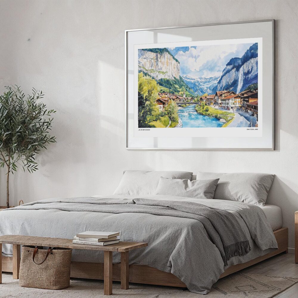 02 - Large Lauterbrunnen Watercolor - Horizontal Art Print in Bedroom with Silver Metal Frame.jpg 02 - Large Lauterbrunnen Watercolor - Horizontal Art Print in Bedroom with Silver Metal Frame.jpg