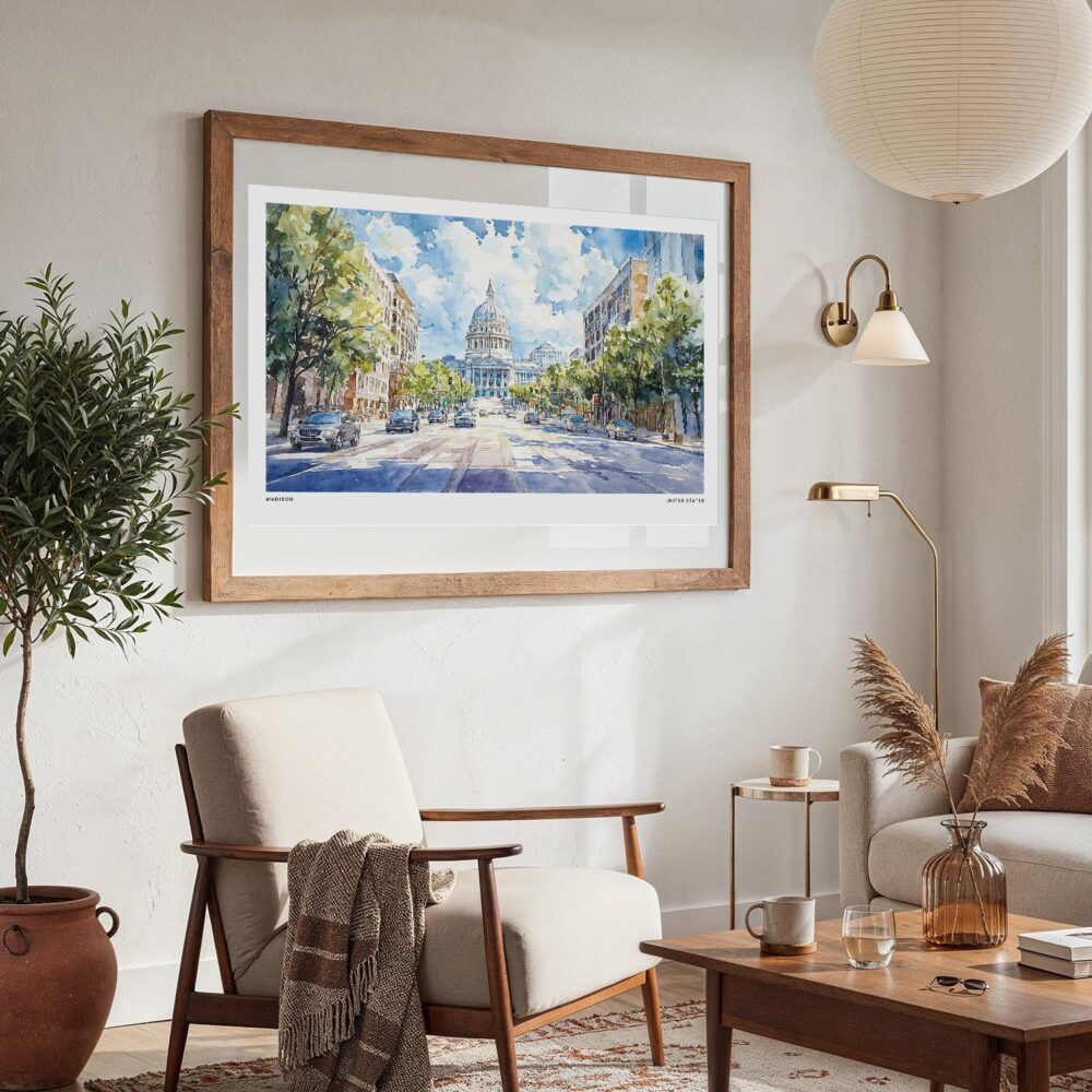 02 - Large Madison Watercolor - Horizontal Art Print in Boho Living Room with vintage Wood frame.jpg 02 - Large Madison Watercolor - Horizontal Art Print in Boho Living Room with vintage Wood frame.jpg