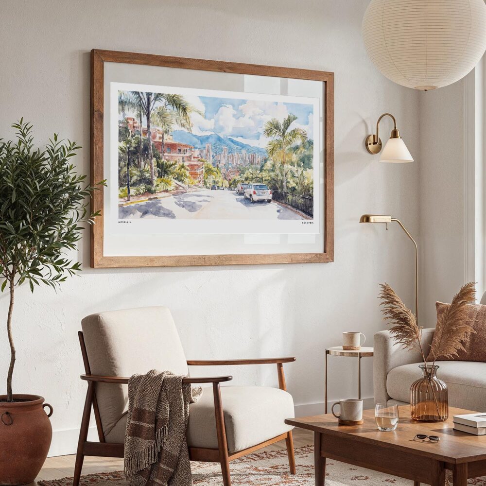 02 - Large Medellin Watercolor - Horizontal Art Print in Boho Living Room with vintage Wood frame.jpg 02 - Large Medellin Watercolor - Horizontal Art Print in Boho Living Room with vintage Wood frame.jpg