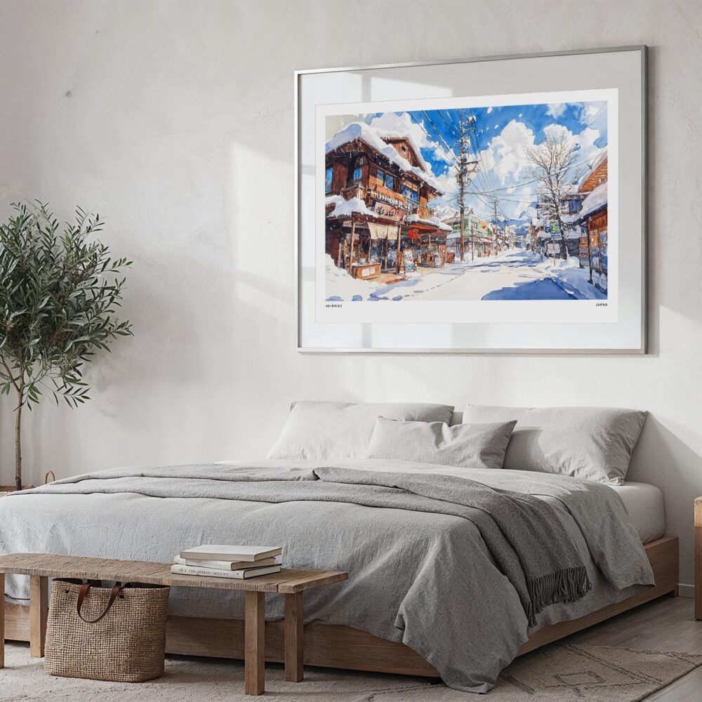 02 - Large Winter in Hokkaido Watercolor - Horizontal Art Print in Bedroom with Silver Metal Frame.jpg 02 - Large Winter in Hokkaido Watercolor - Horizontal Art Print in Bedroom with Silver Metal Frame.jpg