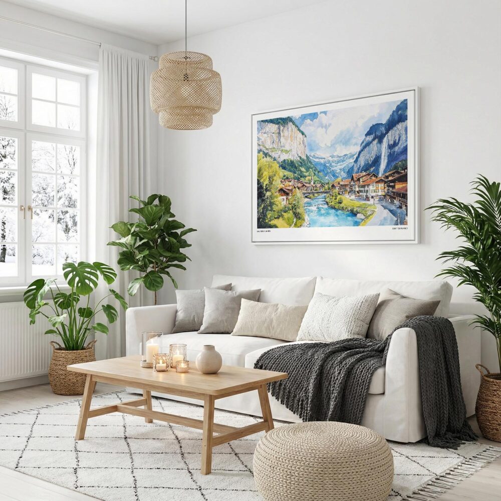 02 - Lauterbrunnen Watercolor - Horizontal Canvas Print with White Floater Frame in modern Scandi Living Room.jpg 02 - Lauterbrunnen Watercolor - Horizontal Canvas Print with White Floater Frame in modern Scandi Living Room.jpg