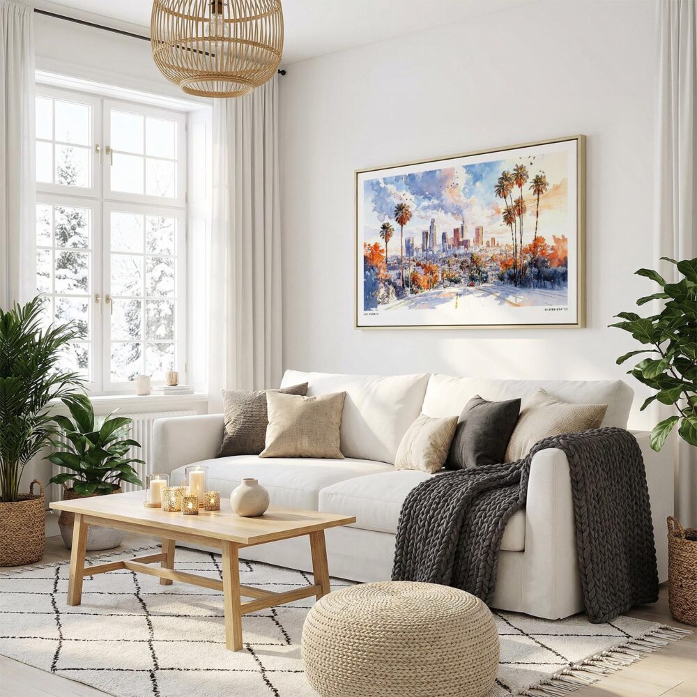 02 - Los Angeles Skyline Watercolor - Horizontal Canvas Print with Natural Floater Frame in modern Scandi Living Room.jpg 02 - Los Angeles Skyline Watercolor - Horizontal Canvas Print with Natural Floater Frame in modern Scandi Living Room.jpg