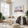 02 - Los Angeles Skyline Watercolor - Horizontal Canvas Print with Natural Floater Frame in modern Scandi Living Room.jpg