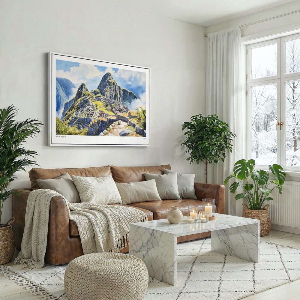 02 - Machu Picchu Watercolor - Horizontal Canvas Print with White Floater Frame above Leather Couch.jpg 02 - Machu Picchu Watercolor - Horizontal Canvas Print with White Floater Frame above Leather Couch.jpg