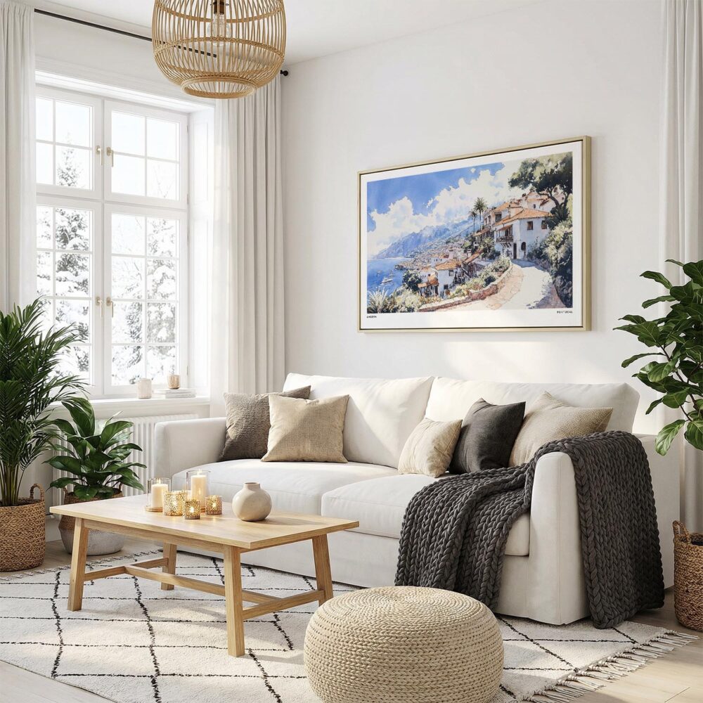 02 - Madeira Portugal Watercolor - Horizontal Canvas Print with Natural Floater Frame in modern Scandi Living Room.jpg 02 - Madeira Portugal Watercolor - Horizontal Canvas Print with Natural Floater Frame in modern Scandi Living Room.jpg