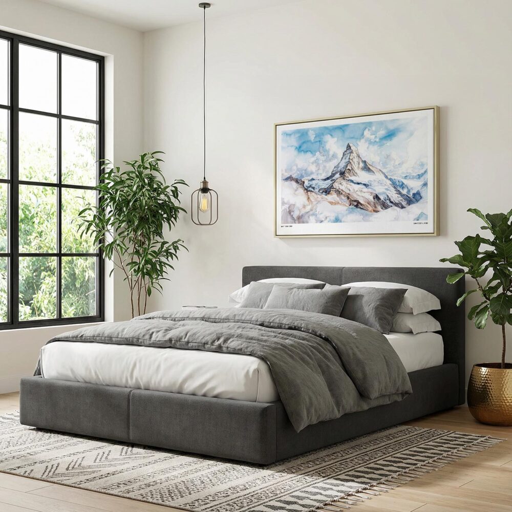 02 - Matterhorn Watercolor - Horizontal Canvas Print with Natural Floater Frame Above Bed.jpg 02 - Matterhorn Watercolor - Horizontal Canvas Print with Natural Floater Frame Above Bed.jpg