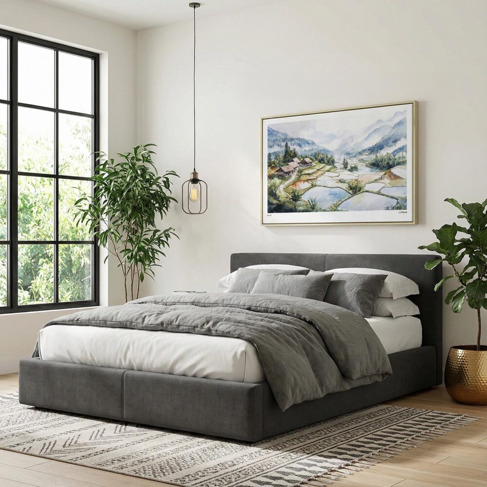 02 - Misty Sapa Watercolor - Horizontal Canvas Print with Natural Floater Frame Above Bed.jpg 02 - Misty Sapa Watercolor - Horizontal Canvas Print with Natural Floater Frame Above Bed.jpg