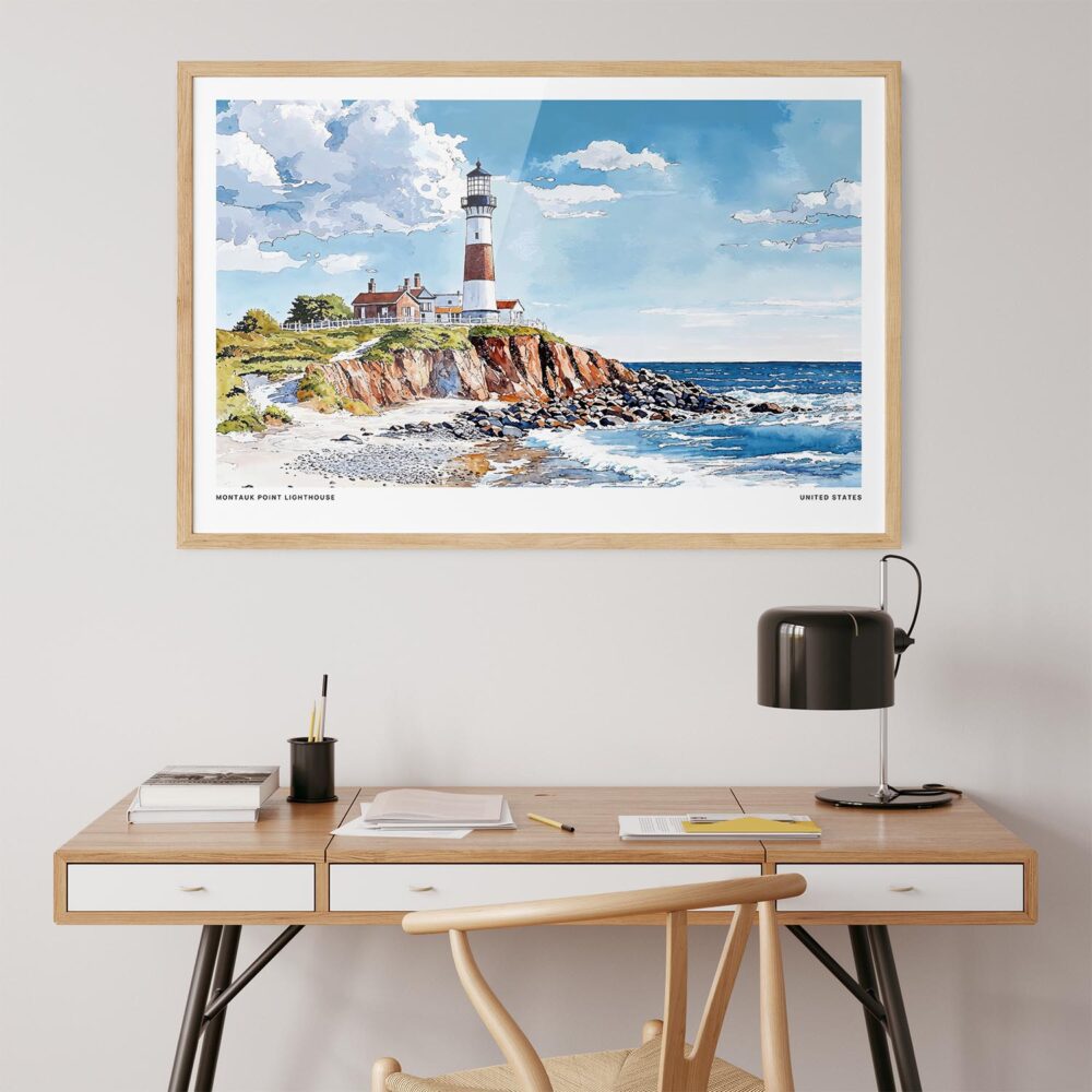 02 - Montauk point lighthouse Watercolor - Horizontal Art Print in Natural Wood Frame above work desk.jpg 02 - Montauk point lighthouse Watercolor - Horizontal Art Print in Natural Wood Frame above work desk.jpg