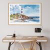 02 - Montauk point lighthouse Watercolor - Horizontal Art Print in Natural Wood Frame above work desk.jpg