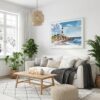 02 - Montauk point lighthouse Watercolor - Horizontal Canvas Print with White Floater Frame in modern Scandi Living Room.jpg