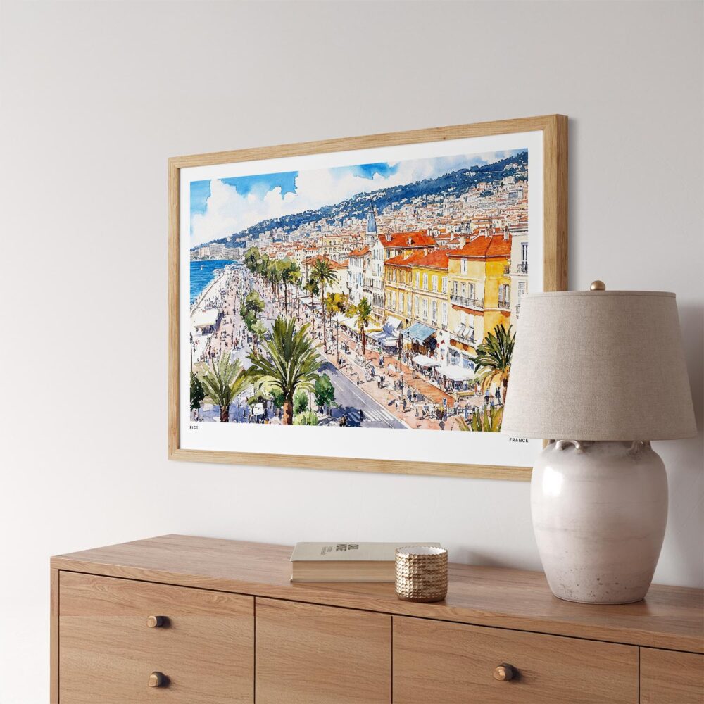 02 - Nice France Watercolor - Horizontal Art Print in Natural Wood Frame Above Console.jpg 02 - Nice France Watercolor - Horizontal Art Print in Natural Wood Frame Above Console.jpg