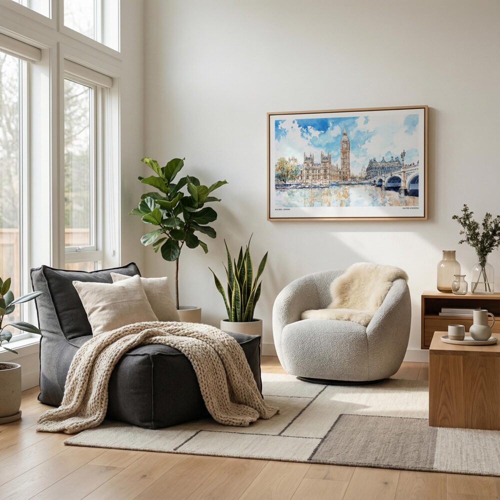 02 - Scandianvian Living Room with London Big Ben Watercolor - Horizontal Canvas Print in Natural Floater Frame.jpg 02 - Scandianvian Living Room with London Big Ben Watercolor - Horizontal Canvas Print in Natural Floater Frame.jpg