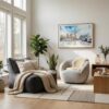 02 - Scandianvian Living Room with London Big Ben Watercolor - Horizontal Canvas Print in Natural Floater Frame.jpg