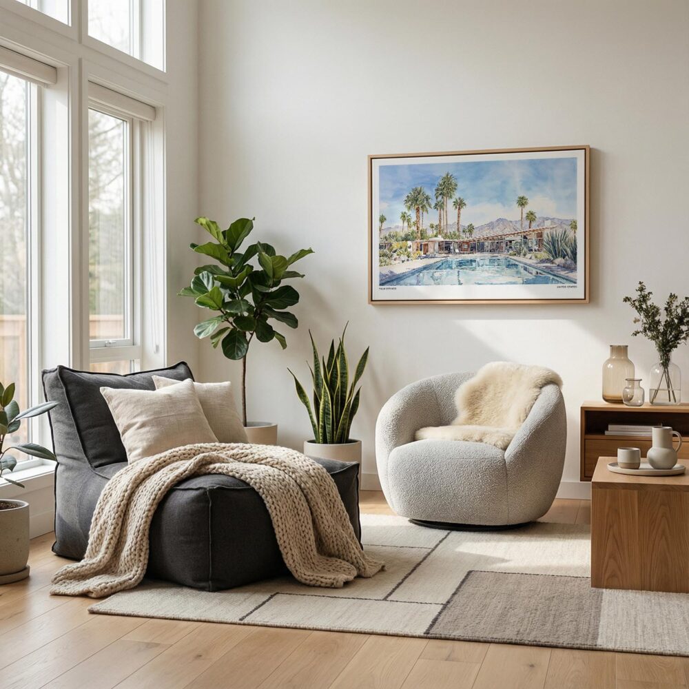 02 - Scandianvian Living Room with Palm Springs Watercolor - Horizontal Canvas Print in Natural Floater Frame.jpg 02 - Scandianvian Living Room with Palm Springs Watercolor - Horizontal Canvas Print in Natural Floater Frame.jpg
