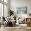 02 - Scandianvian Living Room with Palm Springs Watercolor - Horizontal Canvas Print in Natural Floater Frame.jpg