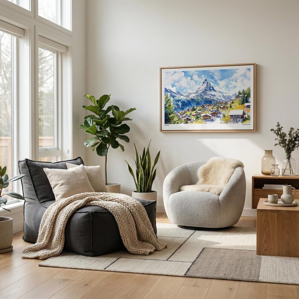 02 - Scandianvian Living Room with Zermatt Watercolor - Horizontal Canvas Print in Natural Floater Frame.jpg 02 - Scandianvian Living Room with Zermatt Watercolor - Horizontal Canvas Print in Natural Floater Frame.jpg