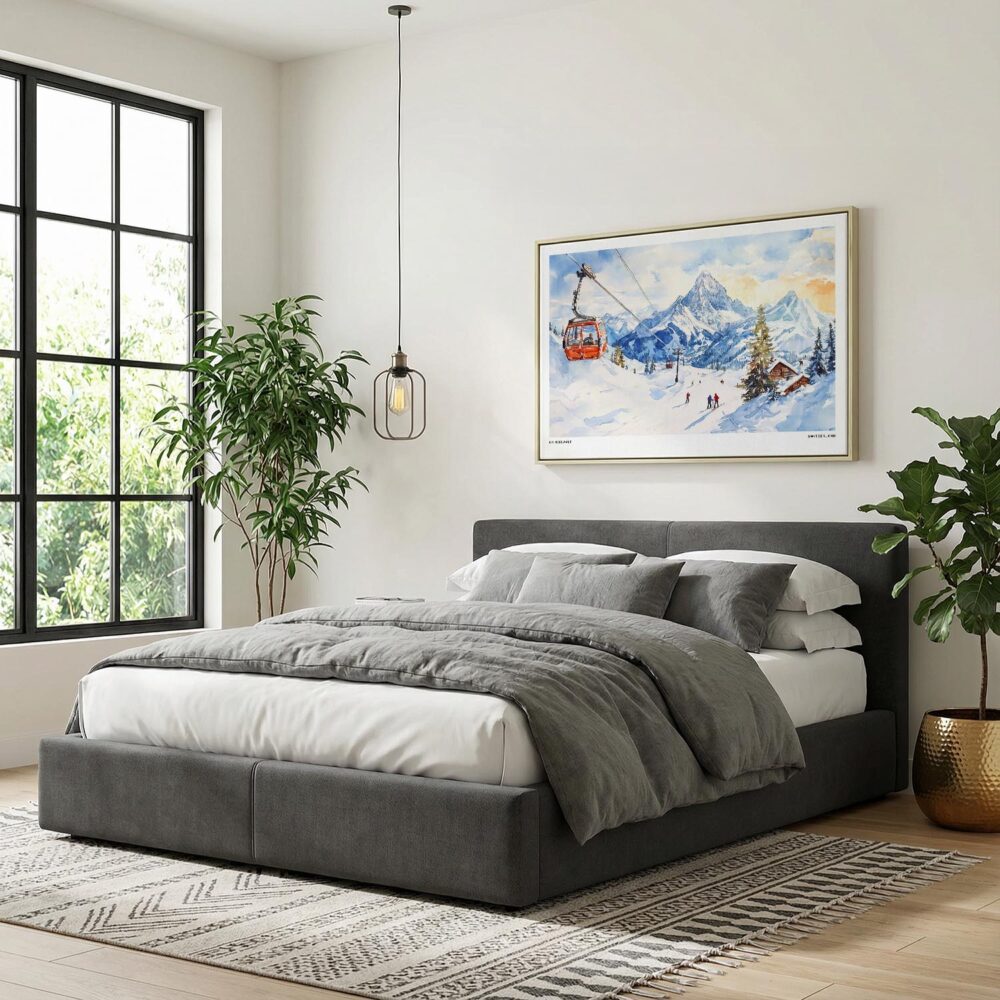 02 - Skiing in Grindelwald Watercolor - Horizontal Canvas Print with Natural Floater Frame Above Bed.jpg 02 - Skiing in Grindelwald Watercolor - Horizontal Canvas Print with Natural Floater Frame Above Bed.jpg